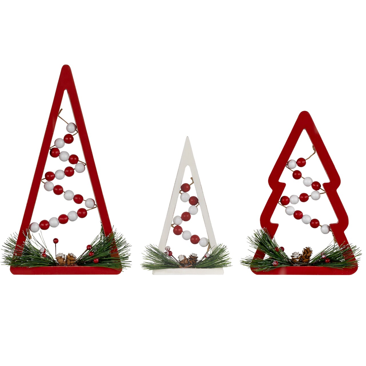 Northlight Wooden Trees with Beads Christmas Decorations - 11.75" - Red and White - Set of 3